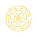 Voyant d'alerte jaune de roue ou jante sur fond noir, signalant un problème de pneu ou de pression sur un tableau de bord de voiture.
