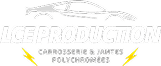 Logo LCE PRODUCTION: silhouette de voiture sportive blanche, texte "CARROSSERIE & JANTES POLYCHROMÉES" avec éclairs jaunes.